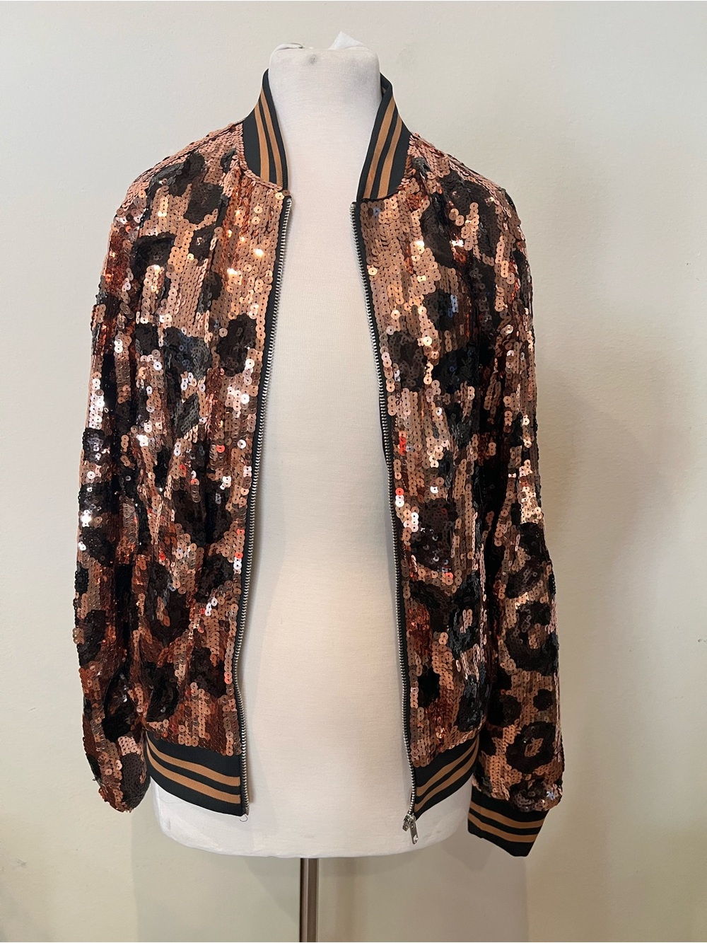 Anna Kaci Sequin Leopard Bomber Jacket in Rose Copper & Black Medium